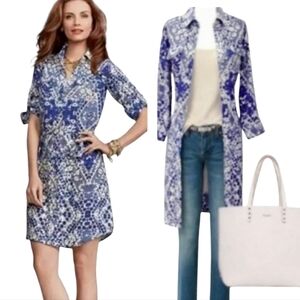 CAbi Long Sleeve Blue and White Dress